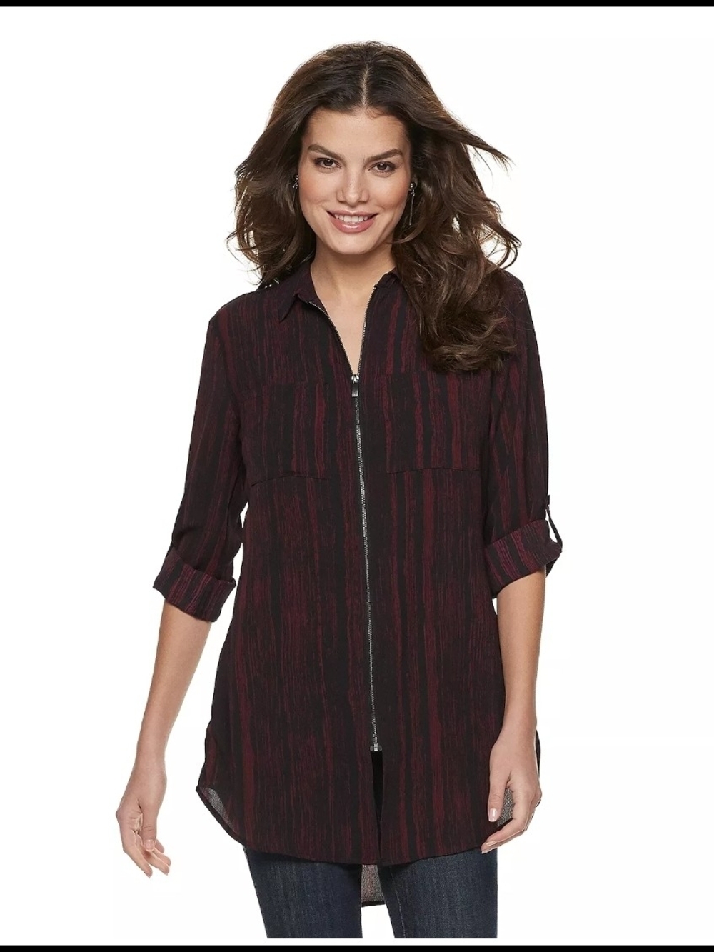 Rock & Republic Burgundy & Black Striped Zip-Front Tunic